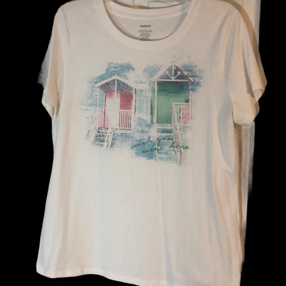 Tops - Women white shortsleeved t-shirt top Wish You Were Here design in pastels Size L